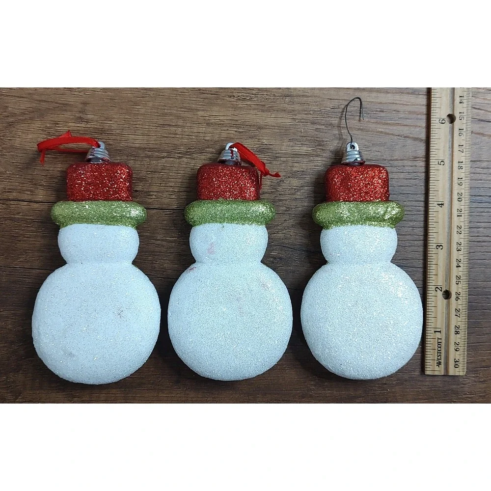 Glitter Hard Plastic Snowman Christmas Ornaments Lot Of 3 B8